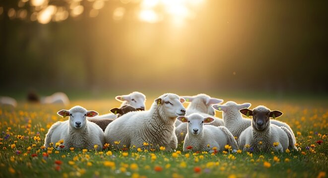 Sheep Family in Floral Meadow: A close-knit group of sheep basks in the golden light of the sun, nestled amidst a vibrant carpet of wildflowers, creating a scene of pastoral serenity. 