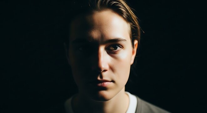 A young man with a serious expression in a dimly lit room