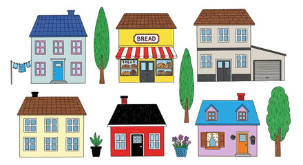 Fototapeta premium Colorful illustration of various houses and trees