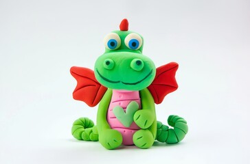 Fototapeta premium Cute green plasticine dragon with red wings and heart print isolated on white background
