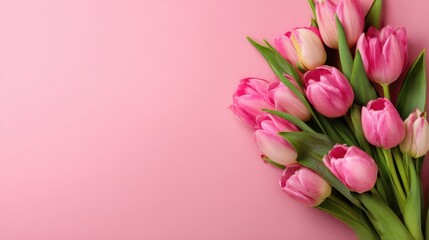 Obraz premium Pink tulip bouquet resting on pastel pink background