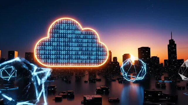 A glowing digital cloud icon filled with binary code hovers above a cityscape at sunset. Abstract geometric data structures float in the air, symbolizing connectivity and digital information transfer.