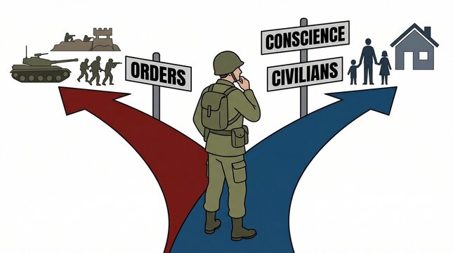 Soldier standing between military orders and civilian conscience at crossroads