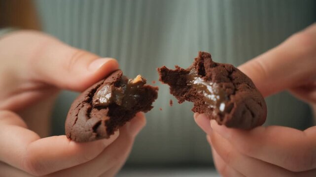 Close-up of hands pulling apart a chocolate cookie, revealing a gooey melted center, warm and delicious treat indoors.
