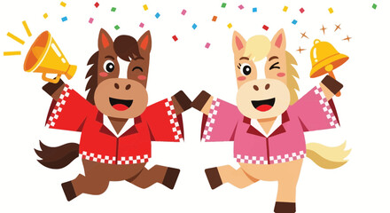 Fototapeta premium Two cartoon horses ringing bells on with confetti