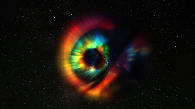 Abstract multicolor glow eye with rays, science background. Bizzard planet structure in space, 4k