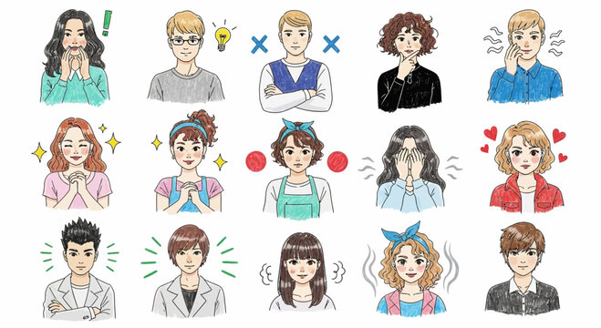 Variety of cartoon style people illustrations with different emotions and reactions