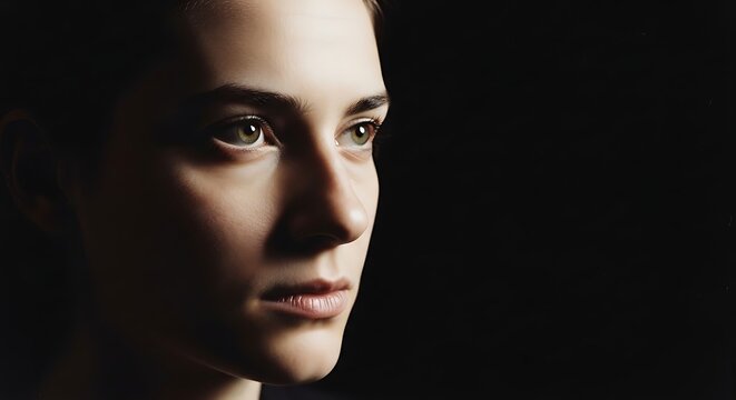 A close-up portrait of a woman with a mysterious expression in a dark background