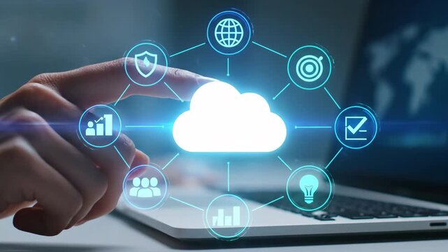 Close-up of a hand interacting with a glowing cloud icon surrounded by digital interface icons representing data, security, and global connections.
