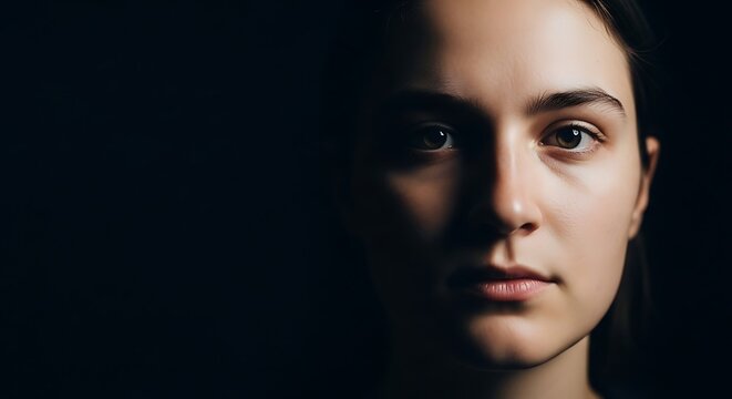 A woman with a mysterious expression in a dark room with a spotlight on her face
