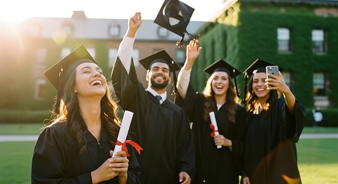 A group of friends in graduation gowns and caps celebrating their achievement on a university campus