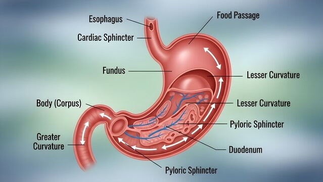 High detailed anatomical medical illustration of human stomach showing esophagus, fundus, body, greater and lesser curvatures, cardiac and pyloric sphincters with food passage arrows and duodenum, per