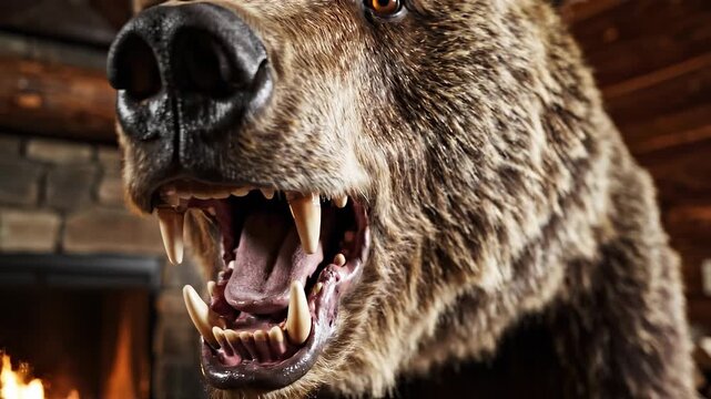Close-up view of a mounted bear head on a wooden wall, showcasing detailed fur and fierce expression in a cozy cabin setting near a fireplace