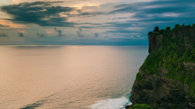 Bali, Indonesia, aerial view of Pura Luhur Uluwatu temple at sunrise.