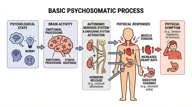 The basic psychosomatic process from psychological state to physical symptoms through brain activity and autonomic nervous system.