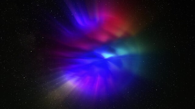 Abstract multicolor glow sphere with rays, science background. Bizzard planet structure in space, 4k