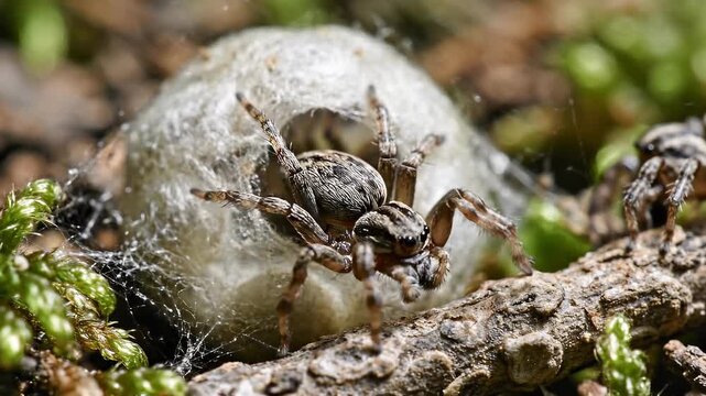Close-up of a spiderling emerging from its egg sac surrounded by greenery, showcasing intricate details and natural habitat
