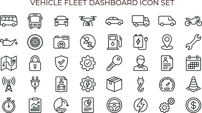 Vehicle fleet dashboard outline icon set featuring transportation tracking maintenance navigation analytics interface symbols for logistics management applications