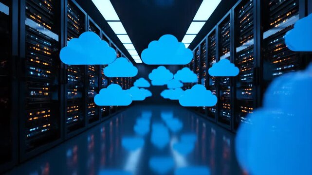 Abstract digital clouds drift through a futuristic server room. Rows of illuminated server racks glow with orange and blue light, reflecting on the polished floor.