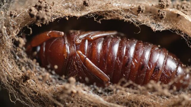 Close-up of a moth pupa developing inside a cocoon, showcasing intricate textures and natural colors in a dark, earthy environment
