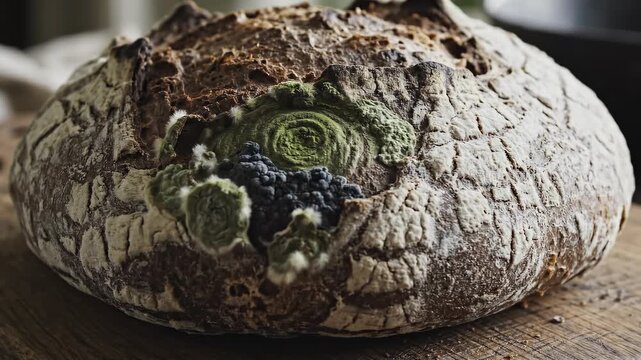 Close-up of a dense sourdough bread with mold growing on the surface, showcasing various shades of green and black on a wooden cutting board