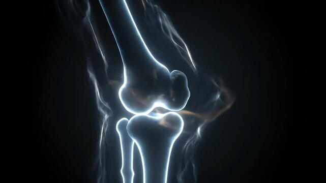 A glowing, stylized x-ray of a knee joint against a dark backdrop