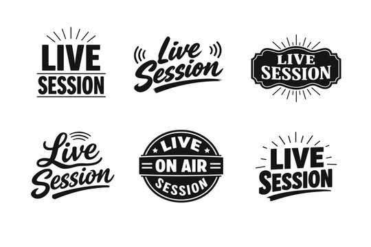 Live session logo designs featuring various typography styles and badges