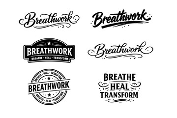 Obraz premium Breathwork typography logos: breathe, heal, transform emblems in black and white