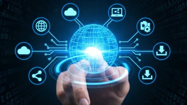 A digital representation of the globe with various icons symbolizing cloud computing, data transfer, and networking. A human finger interacts with the interface.
