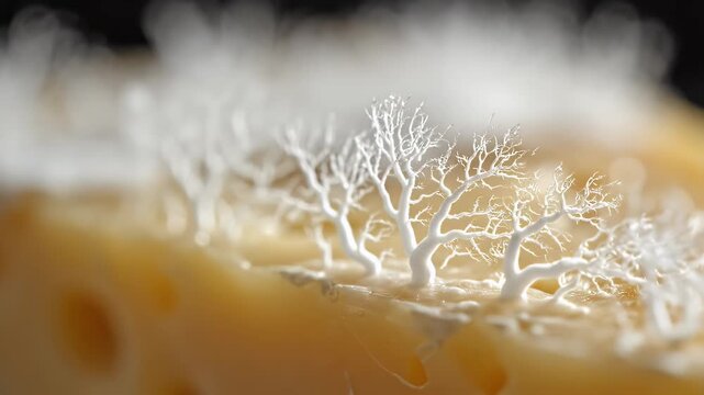 Macro shot of yellow-orange cheese with white mold growths resembling small trees