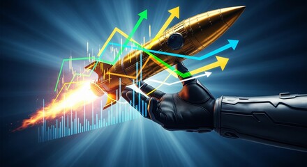 A robotic hand launches a gold rocket with colorful graphs and arrows.