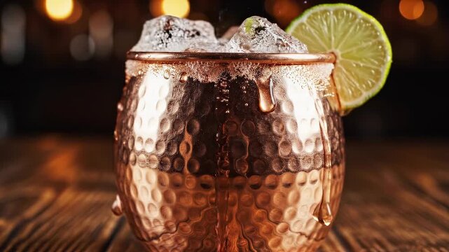 Copper mug filled with fresh Moscow mule cocktail, garnished with lime, on rustic wooden table, highlighting refreshing bubbles and lime slice