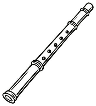 Woodwind instrument illustration; Black and white recorder drawing; Musical instrument vector