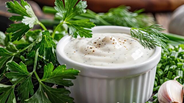 Delicious ranch dressing with herbs segmented with fresh garlic and green onions on a rustic wooden table