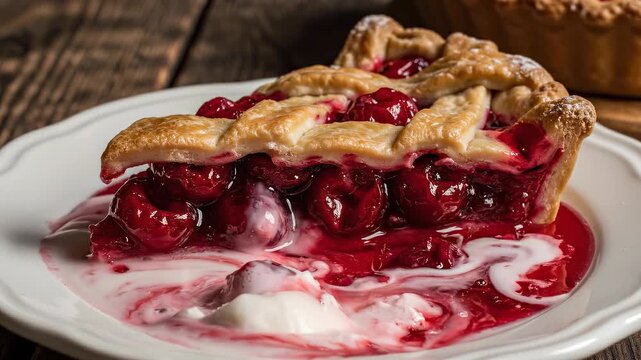 Delicious slice of cherry pie with melting vanilla ice cream, drizzled with cherry syrup on a rustic wooden table