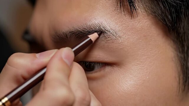 Close-up view of a hand shaping an eyebrow with a pencil, highlighting precision and focus on personal grooming