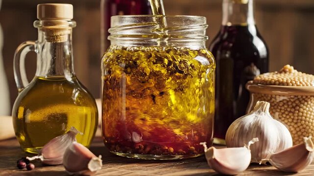 Ingredients for homemade vinaigrette including oils, spices, and garlic, arranged on a wooden surface