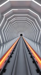 Fototapeta premium Futuristic high speed train tunnel with glowing orange illuminated tracks and modern geometric architecture leading to a dark opening