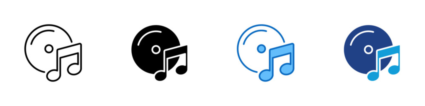 Music Disc Multiple Style Icon Design Vector - Disc with music note representing audio playback, entertainment media, and sound recording