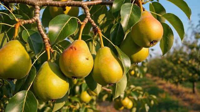 Juicy pears hanging from a branch in a sunny orchard, showcasing vibrant green foliage and ripe fruit glistening with morning dew