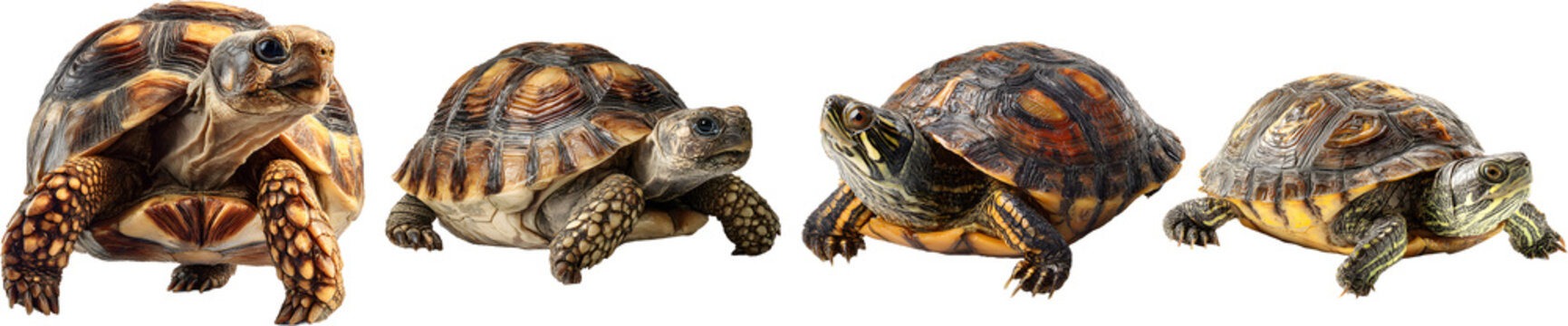 Four box turtles and tortoises together isolated on white background showing natural reptile wildlife collection

Keywords (49):
