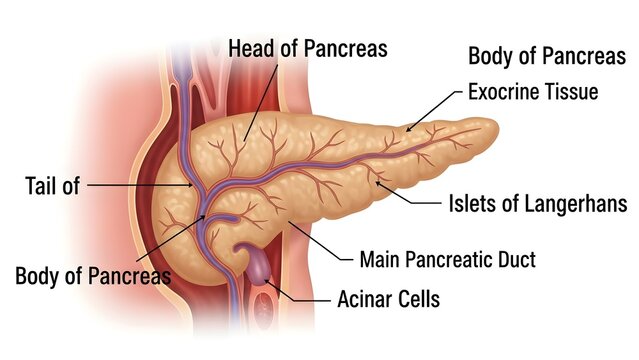 High detailed anatomical medical illustration of the pancreas showing head, body and tail regions, exocrine tissue with acinar cells, islets of Langerhans and main pancreatic duct, ideal for endocrino
