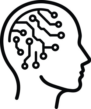 A minimalist black line art icon representing artificial intelligence inside a human head profile