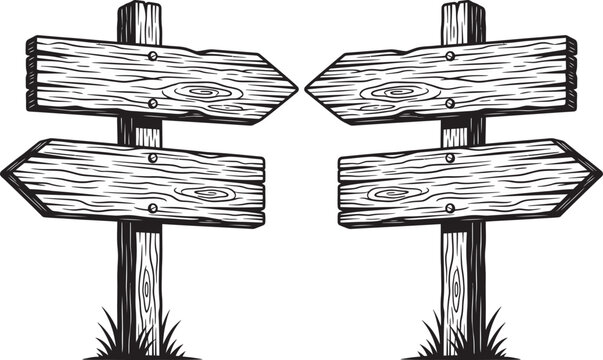 A pair of wooden directional signs on posts pointing in different directions