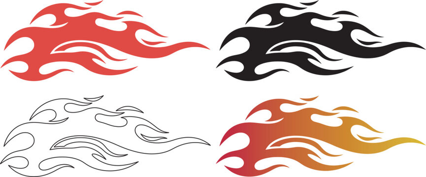 Flame designs in various colors and line art