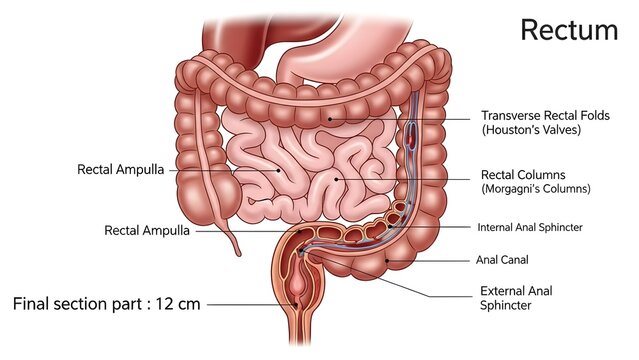 High detailed anatomical medical illustration of rectum showing rectal ampulla, transverse rectal folds, anal columns, internal and external anal sphincters and final anal canal segment, perfect for c