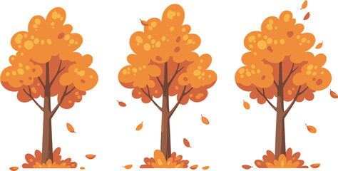 Three orange trees with falling leaves in autumn