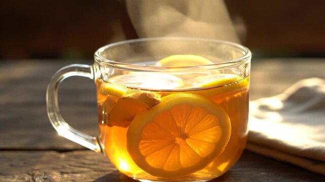 A steaming cup of ginger tea with lemon slices, exuding warmth and comfort on a rustic wooden surface