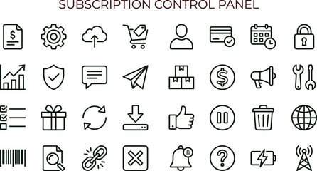 Fototapeta premium Subscription control panel outline icon set featuring account management analytics payment security interface symbols for business dashboard applications