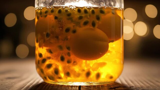 Close-up of a jar filled with vibrant yellow passion fruit liquor, showcasing seeds and fruit immersed in liquid against a softly lit background